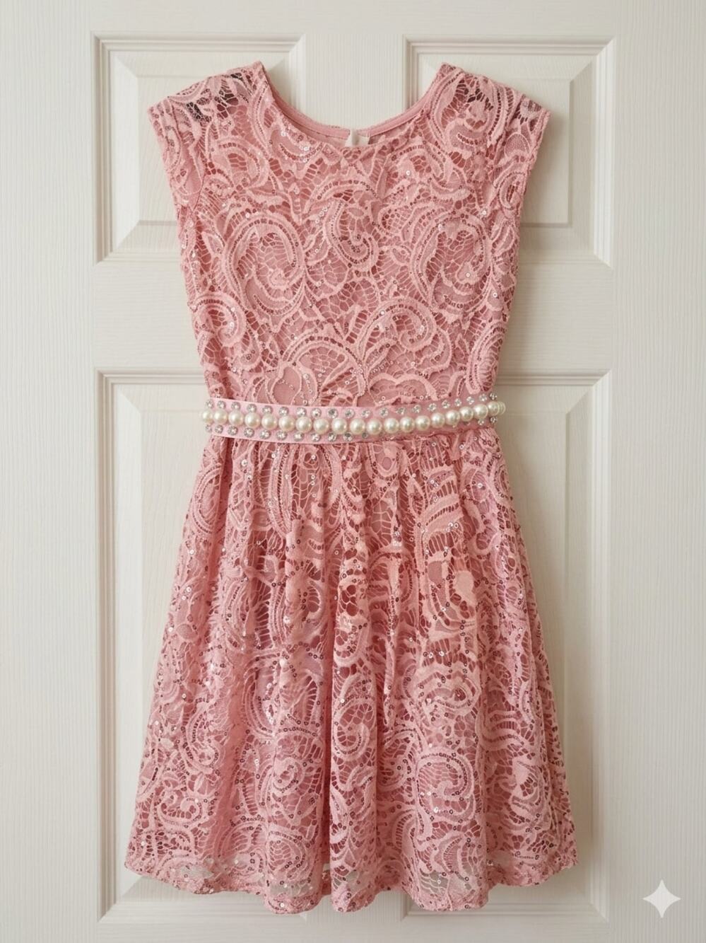 Just Kids Girls Pink Lace Sequin Pearl Belt Special Occasion Party Dress 10